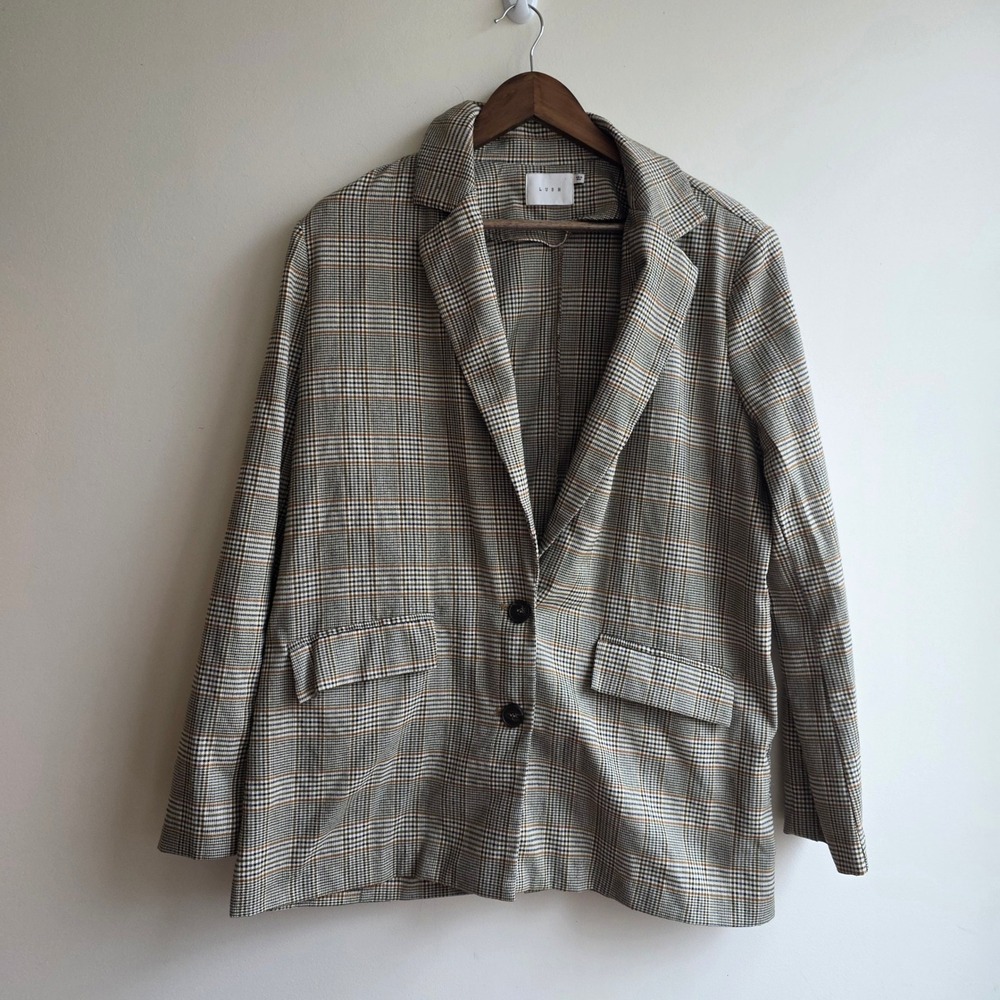 Lush Womens Brown Glen Plaid Blazer Two Button Jacket Size Large Academia Office